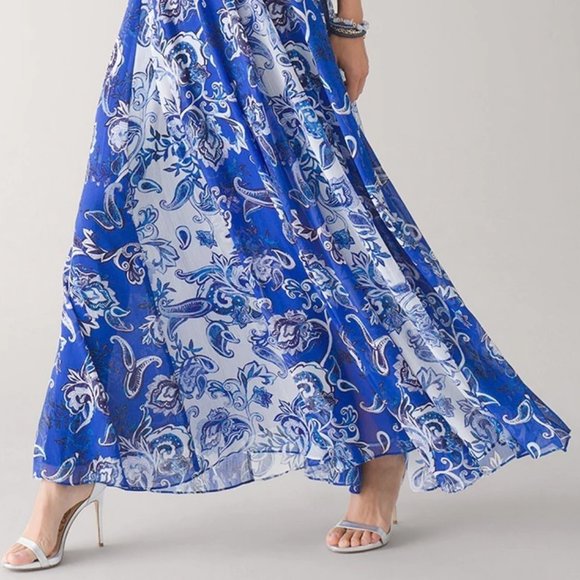 WHBM $200 Mixed Print Chiffon Maxi Dress Paisley Bali Blue 4 - Picture 6 of 10